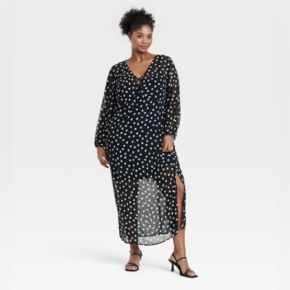 Ava & Viv Women's Balloon Long Sleeve Maxi Shift Dress Black Polka Dots Size 2X - Picture 1 of 5